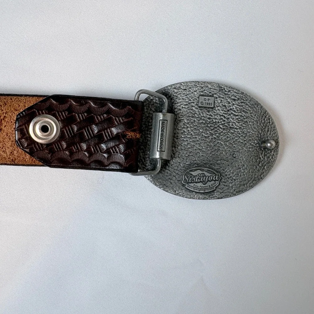 Vtg 1993 Siskiyou Pewter Black Bear Buckle Basketweave Brown Leather Belt 38